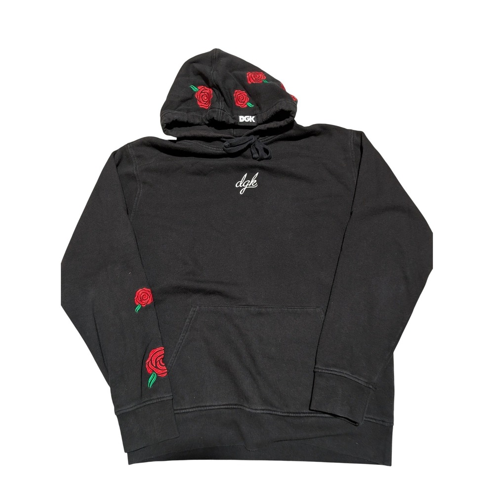 DGK Hoodie Mens Large Black Rose Embroidered Pullover Sweatshirt Streetwear